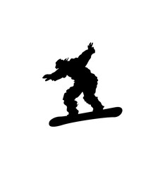 Fototapeta premium A Bigfoot silhouette snowboarding, arms outstretched, enjoying a snowy adventure.