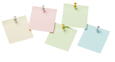 Arrangement of colorful sticky notes with push pins isolated PNG with Transparent Background