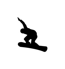 Silhouette of a snowboarder in action, mid-air, performing a trick with arm extended.