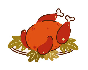 Roasted turkey vector icon. Fat poultry with lettuce on a plate. Tasty hot duck, chicken baked on the grill. Dish for Thanksgiving, family dinner. Traditional cooked bird for the holiday. Flat clipart