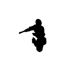 Silhouette of a person mid-air, executing a dynamic movement, isolated on white.