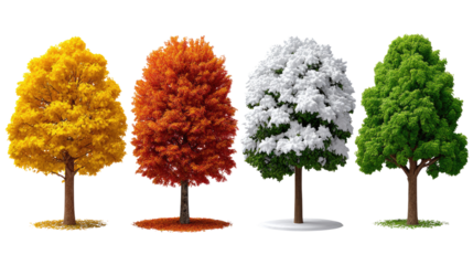 The Four Seasons' Embrace: Witness nature's artistry through the cycle of four trees, each embodying a distinct season: vibrant gold of autumn, fiery red of fall, serene white of winter.