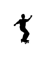 Silhouette of a person riding a skateboard, with one arm raised in the air.