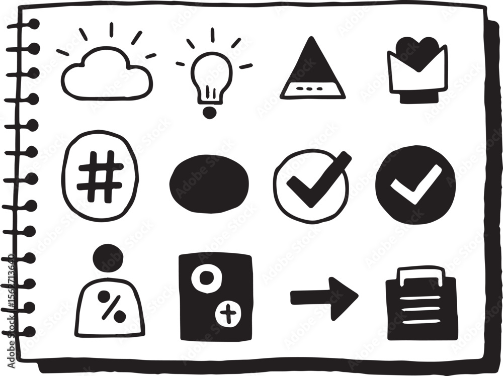 Poster a collection of hand drawn black and white icons representing concepts like ideas success and data a