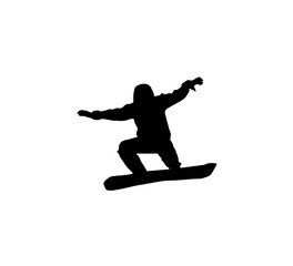 Silhouette of a snowboarder in mid-air, performing a dynamic snowboarding maneuver.