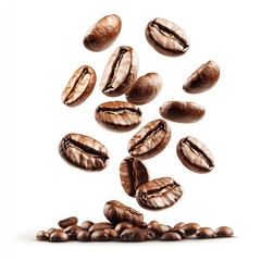 Obraz premium Coffee beans in mid-air, falling onto a pile of similar beans, against a plain white background