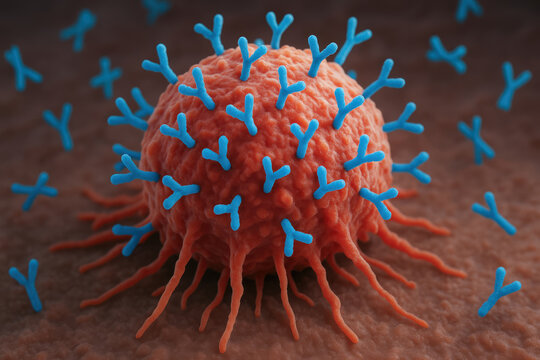 T cell attacking cancer cell with blue antibodies binding to surface in detailed microscopic view of immune response
