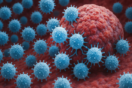 T cell attacking cancer cell human body immune response fighting disease with microscopic view of virus and tumor interaction medical research