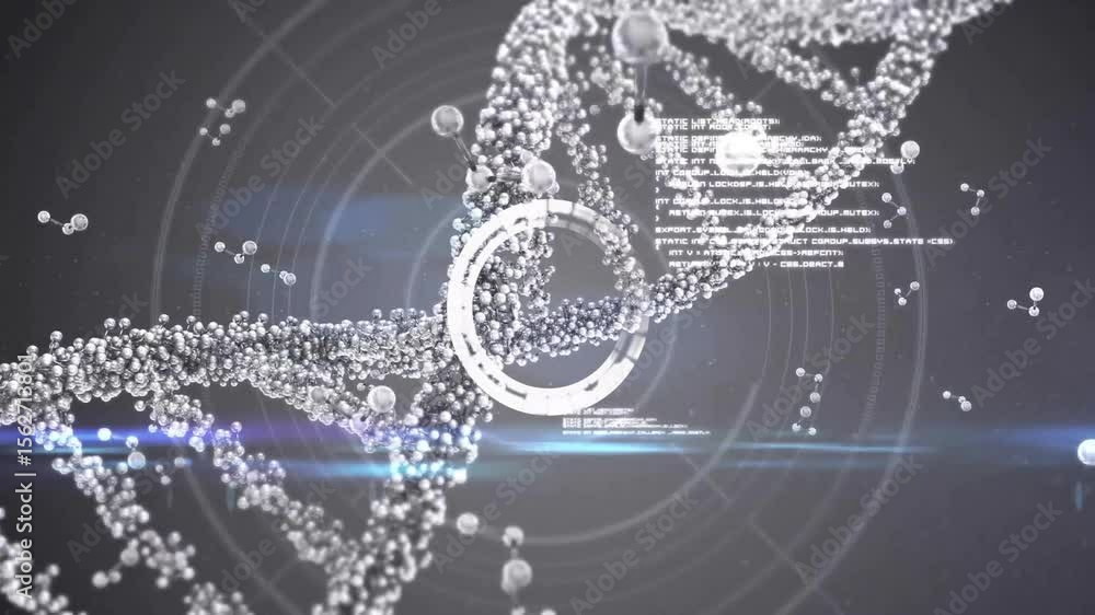 Aufkleber at start particle-based dna helix rotating with panels shifting molecules circling visualizing code