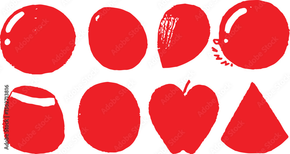 Poster a collection of eight bold red abstract shapes and forms including circles an apple silhouette and a