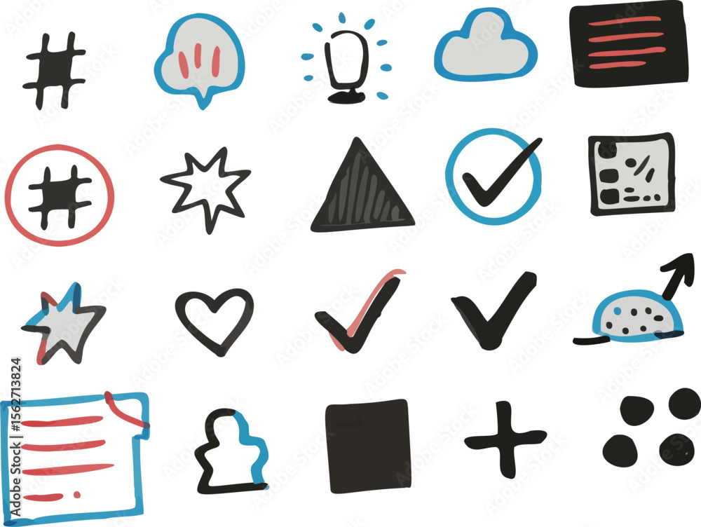 Poster a collection of hand drawn icons and symbols in a playful doodle style featuring common graphic elem