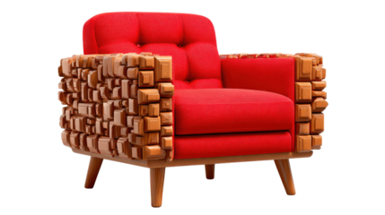 Elegant Red Chair: A striking red armchair, showcasing a unique design with a wooden frame, presents a comfortable and stylish seating solution