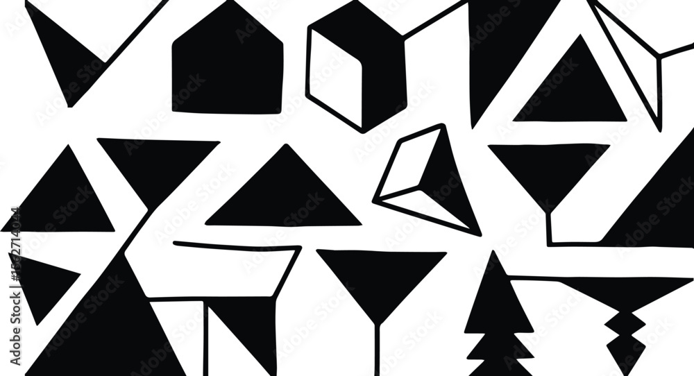 Poster a collection of abstract geometric shapes and forms in black and white including triangles cubes and