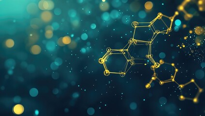 Abstract scientific image.  Golden molecular structure on teal bokeh background