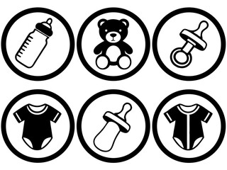Collection of black and white icons representing baby essentials like bottles teddy bear pacifier and clothing