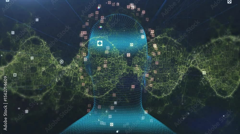 Poster forming glowing mesh head, data nodes appearing, rotating unveiling dna helix, icons orbiting helix