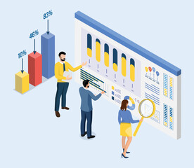 Business people monitoring business performance through web-based analytics dashboards. Isometric vector illustration eps10