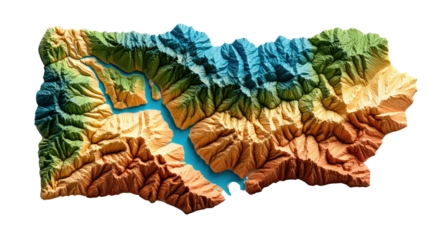 Topographical Landscape: An intricate, vibrant 3D topographical map illustrates the majestic peaks, valleys, and waterways of a scenic landmass, a stunning representation of the earth's form. 