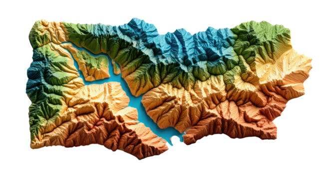 Topographical Landscape: An intricate, vibrant 3D topographical map illustrates the majestic peaks, valleys, and waterways of a scenic landmass, a stunning representation of the earth's form. 