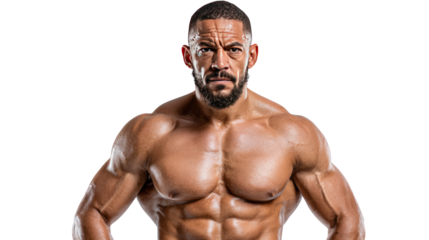 Muscular Bodybuilder Posing Confidently: A powerful bodybuilder displays his physique, showcasing well-defined muscles and a determined expression that embodies strength and fitness.