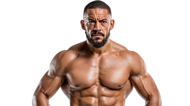 Muscular Bodybuilder Posing Confidently: A powerful bodybuilder displays his physique, showcasing well-defined muscles and a determined expression that embodies strength and fitness.