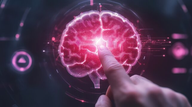 Human finger touches a glowing brain