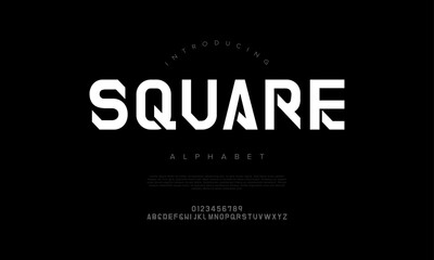 Geometric and blocky futuristic font with angular aesthetics, ideal for sci-fi designs and digital branding