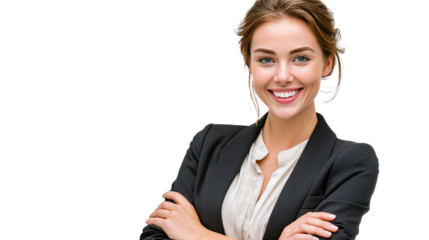 Confident Business Woman: A portrait of a poised and confident business woman, radiating professionalism and approachability with a warm smile and arms crossed.