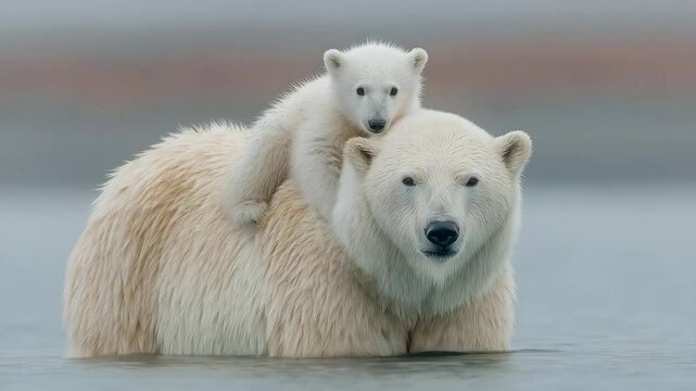 A mother polar bear carries her playful cub across calm arctic water. Concept of maternal care under climate change threat.