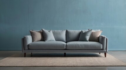 A light gray sofa with pillows against a blue wall on a beige rug in a well lit interior space
