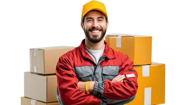 Delivery Man's Pride: A cheerful and smiling delivery man stands confidently amidst a stack of parcels. He's a symbol of dependable service and dedicated professionalism. 