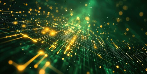 Abstract digital network. Deep green and gold interconnected lines, points, and particles create a dynamic, futuristic cityscape