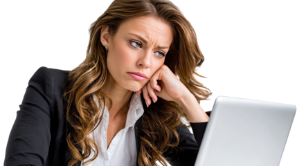 Exhaustion in the Digital Realm: A portrait of a focused woman with a furrowed brow and weary eyes, staring at the laptop screen.