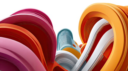 Abstract Architectural Harmony: A striking, multi-colored abstract composition, featuring layers of swirling forms, converging to reveal a distant cityscape under a bright sky.