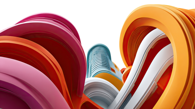 Abstract Architectural Harmony: A striking, multi-colored abstract composition, featuring layers of swirling forms, converging to reveal a distant cityscape under a bright sky.