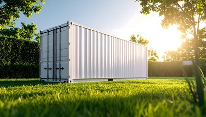 Obraz premium White shipping container in a sunlit green garden with ecofriendly living concept.