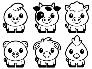 Cute cartoon farm animals including a pig cow sheep horse and chicken