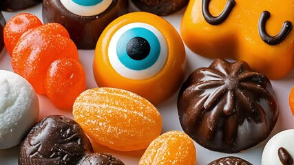 A colorful assortment of candies and chocolates in various shapes and colors. Includes orange, brown, and white sweets with playful designs. - Powered by Adobe