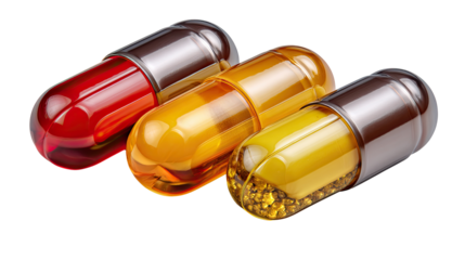 Medical Marvel: A close-up shot of three vibrant capsules, each filled with different colored medicine, is a symbol of health and pharmaceutical innovation.