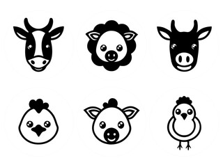 Cute cartoon farm animals including cow sheep pig and chicken in circles
