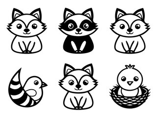 Cute cartoon foxes raccoons and birds in black and white