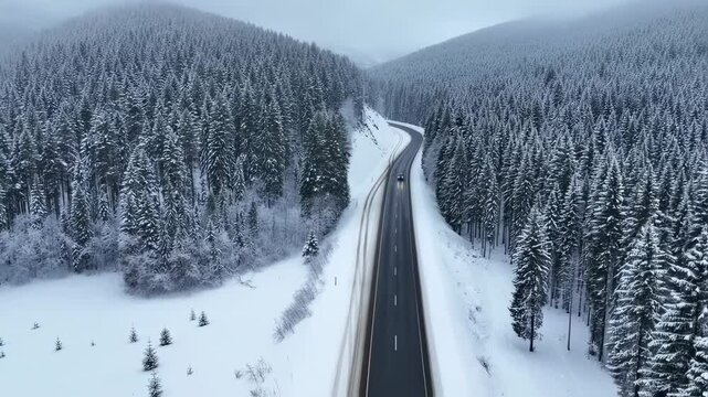 Aerial view of a snowy road winding through a dense forest during winter season