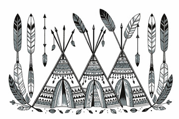 Naklejka premium Native American Teepees and Feathers Graphic Design-Boho Style Tents with Arrows and Decorative Feathers-Tribal Art Illustration for Prints and Wall Decor