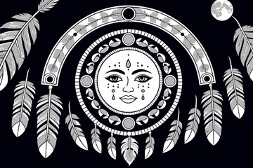 Obraz premium Mystical Moon and Feather Dreamcatcher Art-Bohemian Celestial Illustration-Esoteric Wall Decor-Spiritual Home Design-Fantasy Moon Artwork with Detailed Feathers