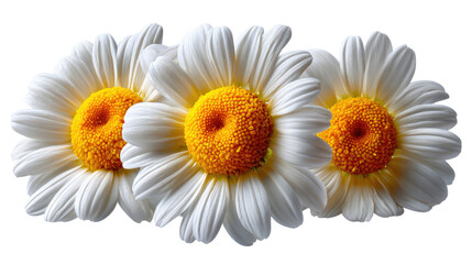 Obraz premium Three Daisy Flowers: Close-up shot of three daisy flowers with bright yellow centers and white petals blooming. Perfect for adding a touch of nature's simplicity and beauty.