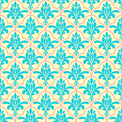 Classic  seamless pattern with hand drawn damask sky blue floral in pink frame on yellow background.