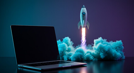 Modern laptop and rocket launching with fiery exhaust and blue smoke clouds isolated on white background