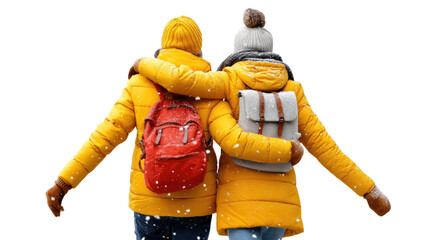 Warm Embrace in Winter: Two friends share a moment of unity, bundled in bright winter coats, as they venture into a snow-kissed world, shoulder-to-shoulder.