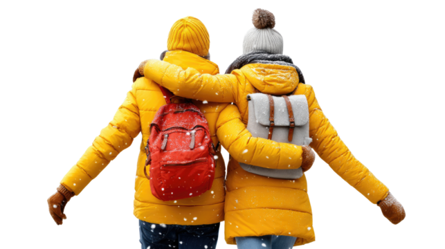 Warm Embrace in Winter: Two friends share a moment of unity, bundled in bright winter coats, as they venture into a snow-kissed world, shoulder-to-shoulder.