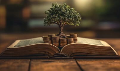 A small, vibrant tree sits atop stacked coins, resting on an open book
